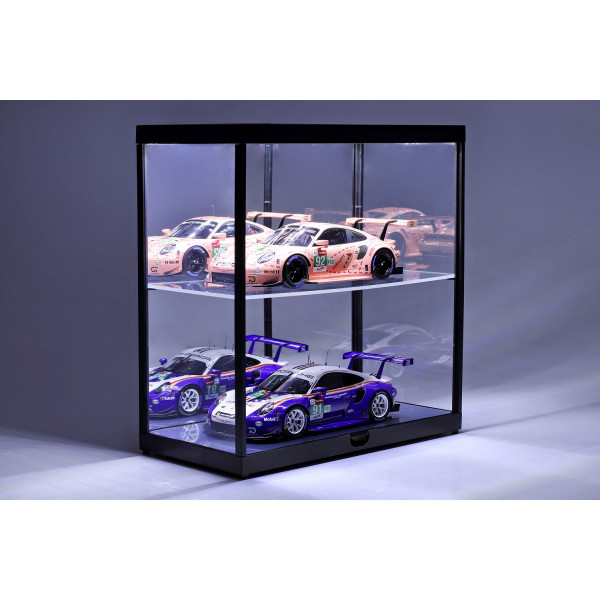 Vitrine double avec éclairage LED et miroir pour modèles réduits de voitures à l'échelle 1/18 noir